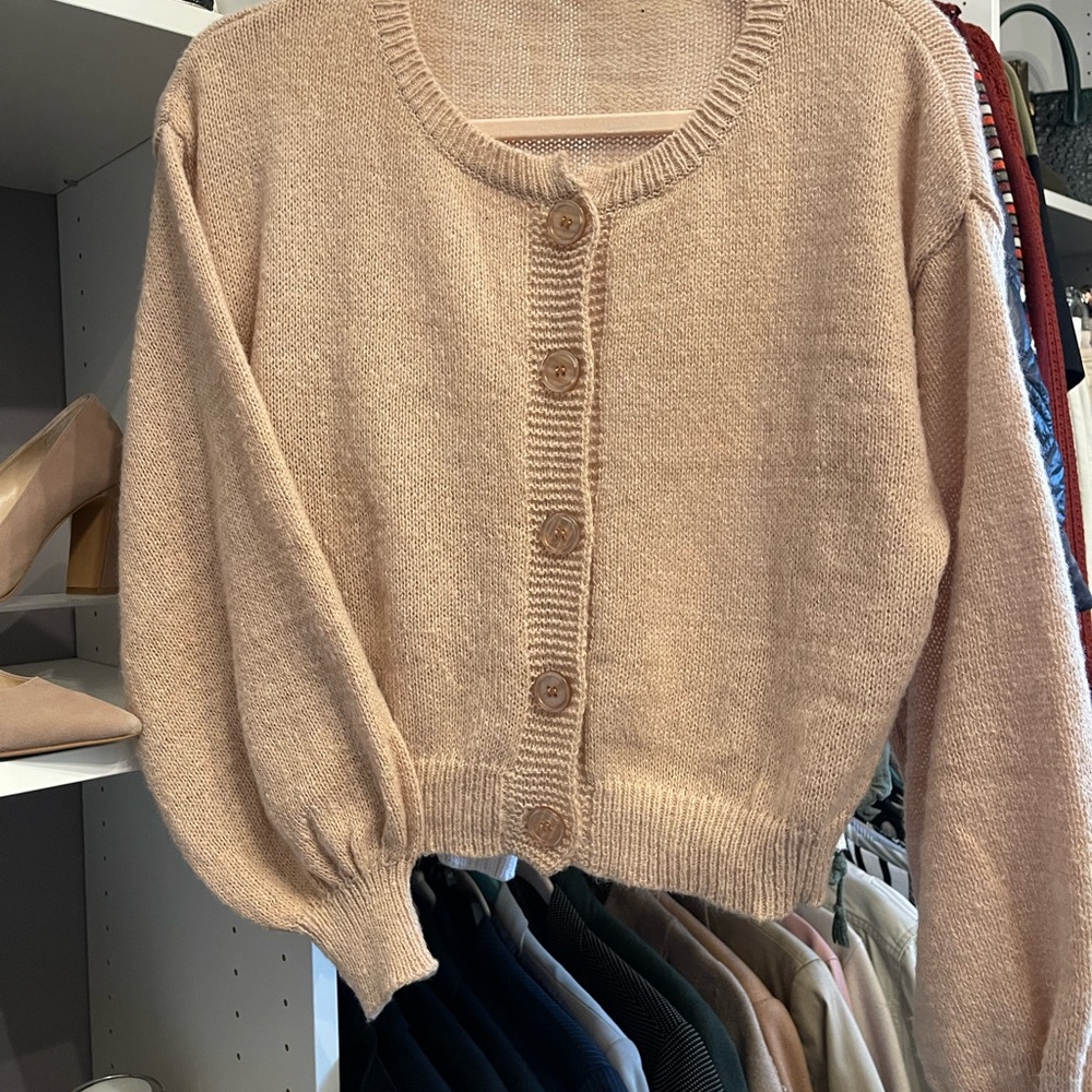 Cream Cardigan Sweater with Ribbed Knit Design